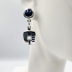 Vintage Camera Art Deco Silvertone Blue Accent Dangle Drop Earrings Retro